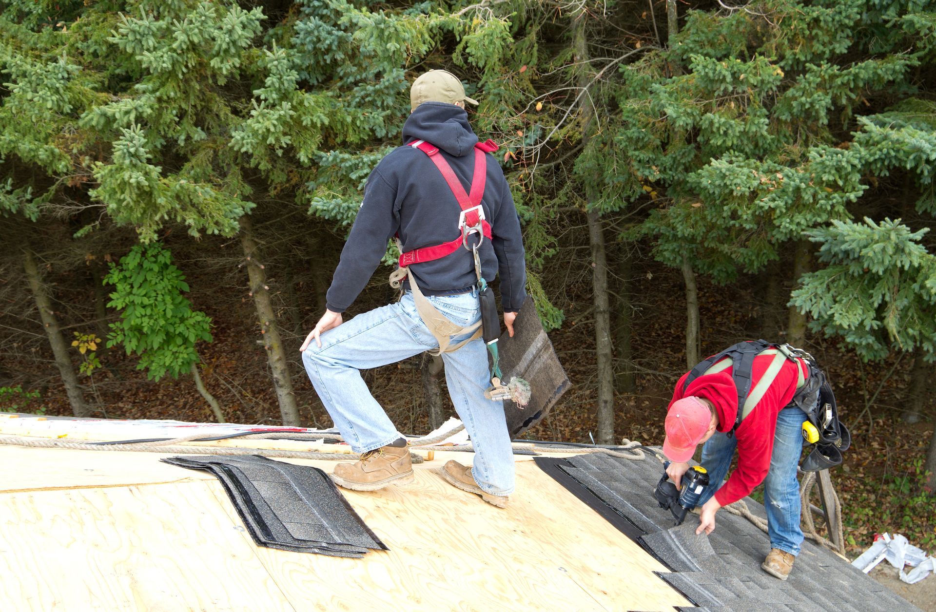 Two roofers installing asphalt shingles during new residential house construction.