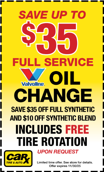 Valvoline oil change coupon: Save up to $35 on full synthetic oil change. Includes free tire rotation.