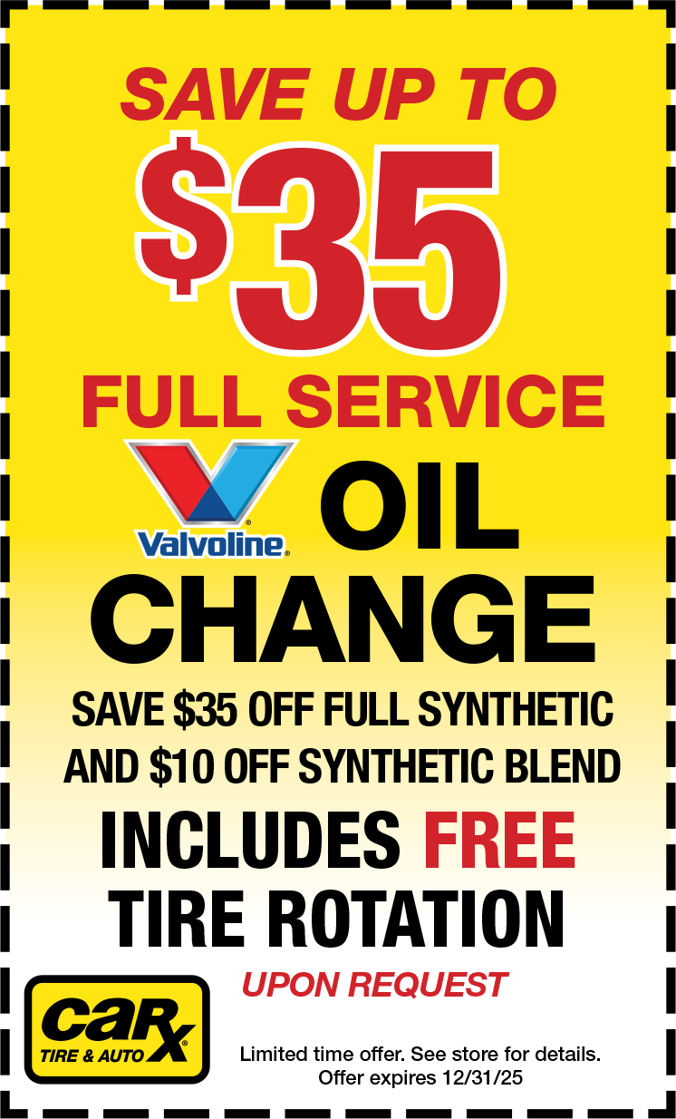 CarX Tire & Auto oil change promotion. Save up to $35. Includes free tire rotation upon request.