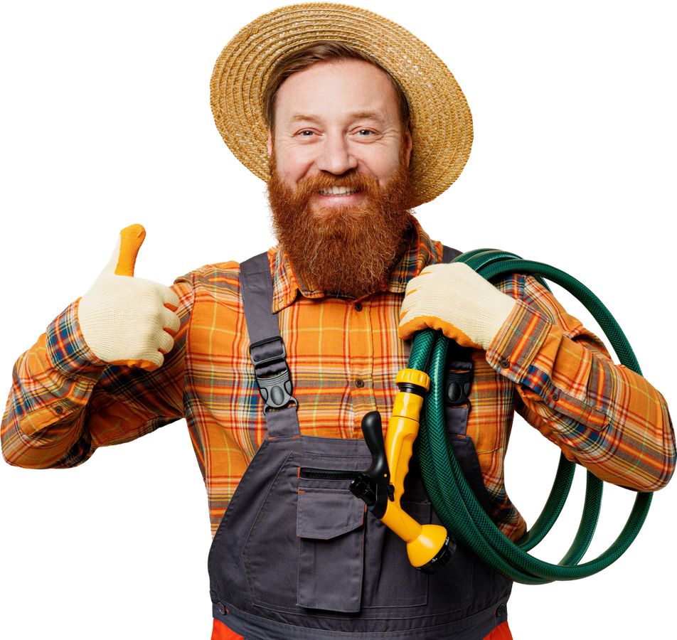 A man with a beard is holding a garden hose and giving a thumbs up.