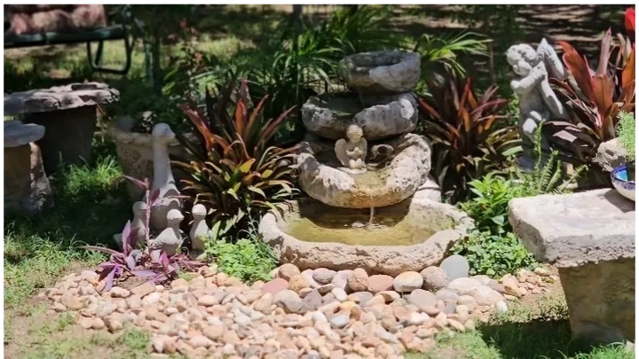 There is a fountain in the middle of the garden.