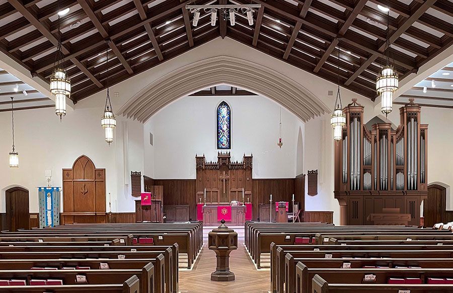 Augsburg Lutheran Church Sanctuary with rendering of new Noack Organ-to be installed in June of 2026.