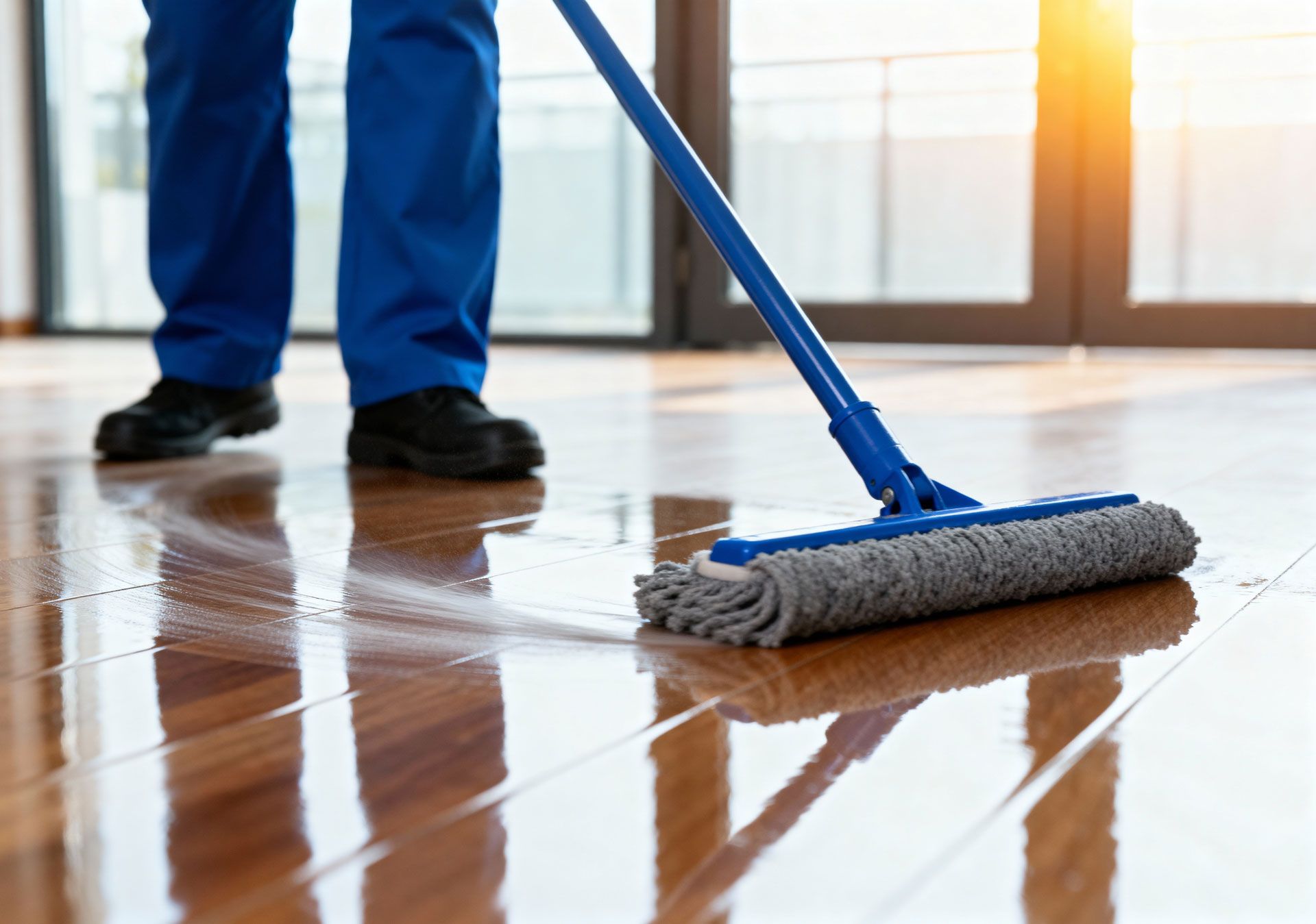 Person in blue pants and black shoes mopping a shiny wooden floor.