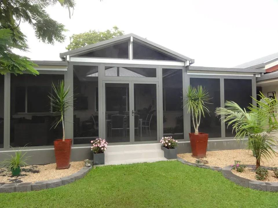 Screened-in Patio With Gray Frame, Glass Doors — Big Tom's Security Screens in Farleigh, QLD