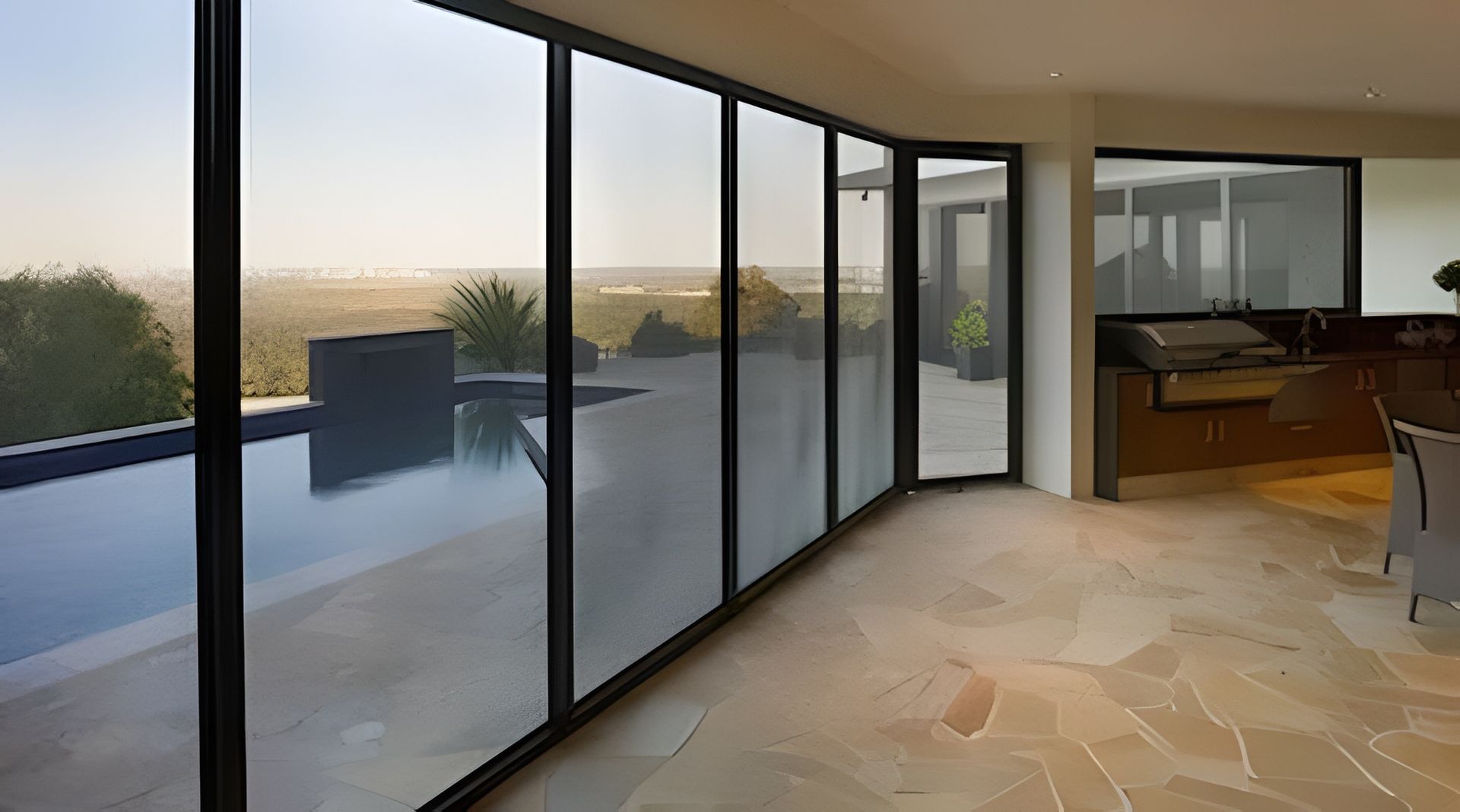 Large Glass Doors Open to a Pool — Big Tom's Security Screens in Farleigh, QLD