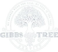 Logo for Gibbs Tree Service, featuring a stylized tree in a circular design; text reads, "We answer when you call, no tree is too tall."