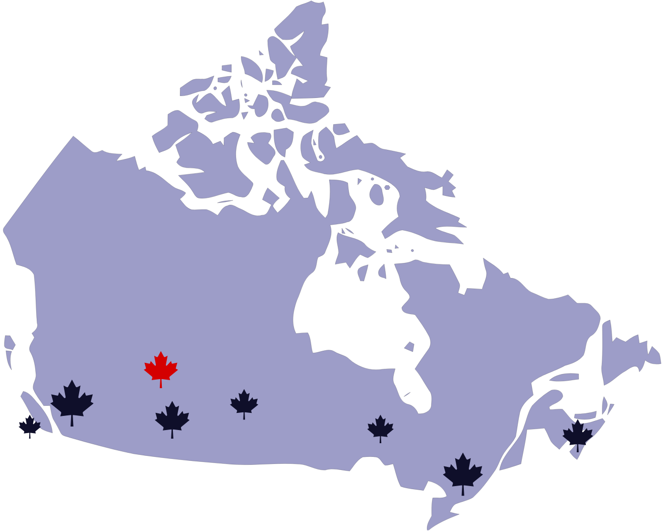 A map of canada with a red maple leaf in the middle