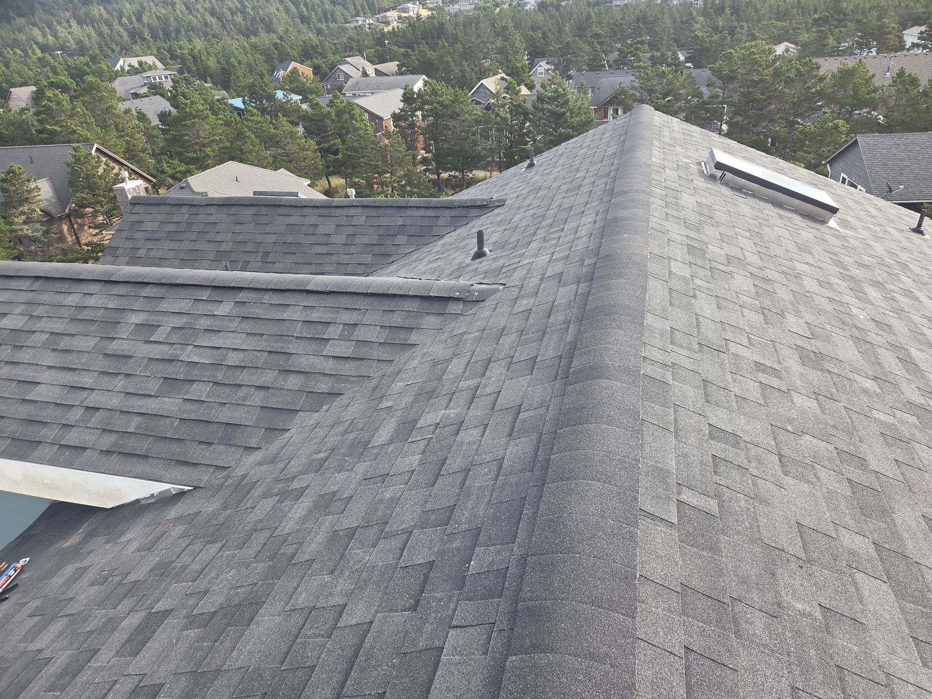 Gray asphalt shingle roof with skylight, viewed from above, overlooking houses and trees.