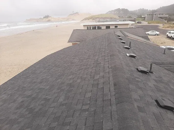 Rooftop with dark shingles overlooking a sandy beach, ocean, and coastal buildings on an overcast day.