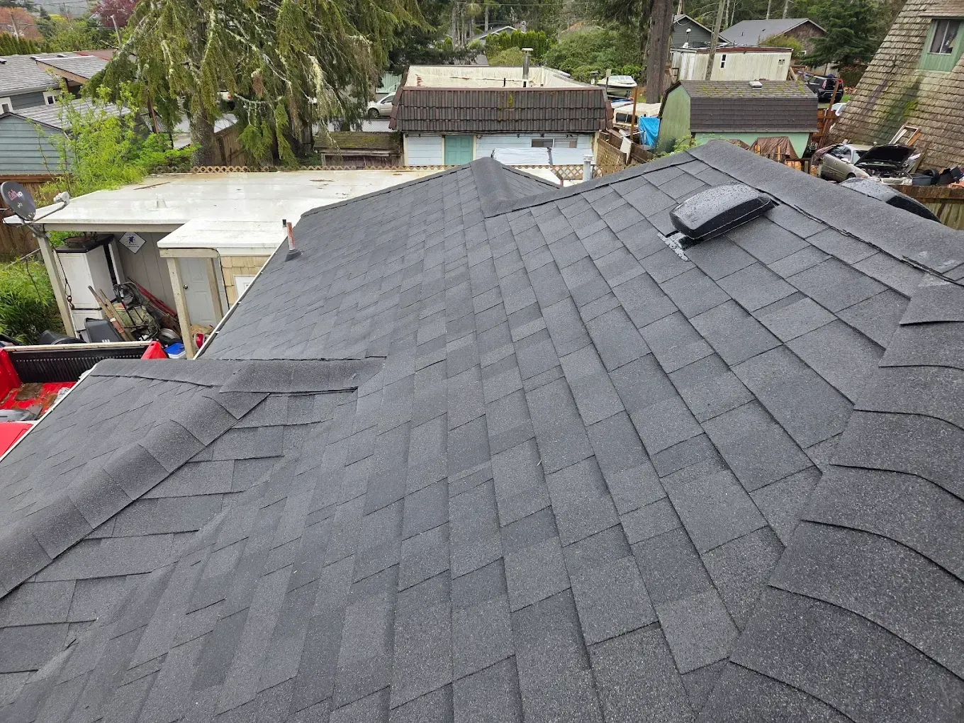 Dark gray shingle roof with a small section missing, trees, and other buildings visible in the background.