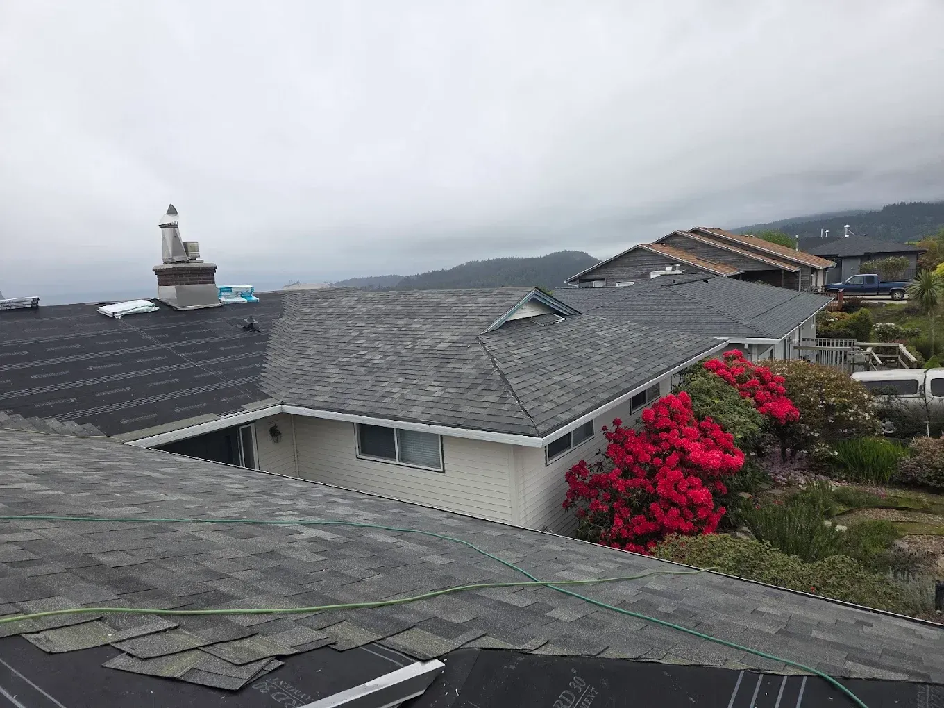 Houses with gray asphalt shingle roofs, one damaged. Red flowering bushes in the yard, cloudy sky.