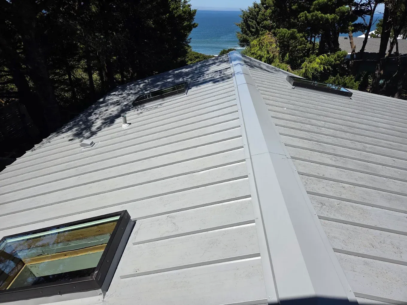 Gray metal roof with skylight and ocean view in the distance.