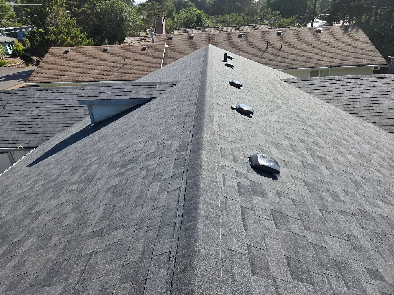 Dark gray shingled roof with several vents, seen from above. Another roof visible in the background.