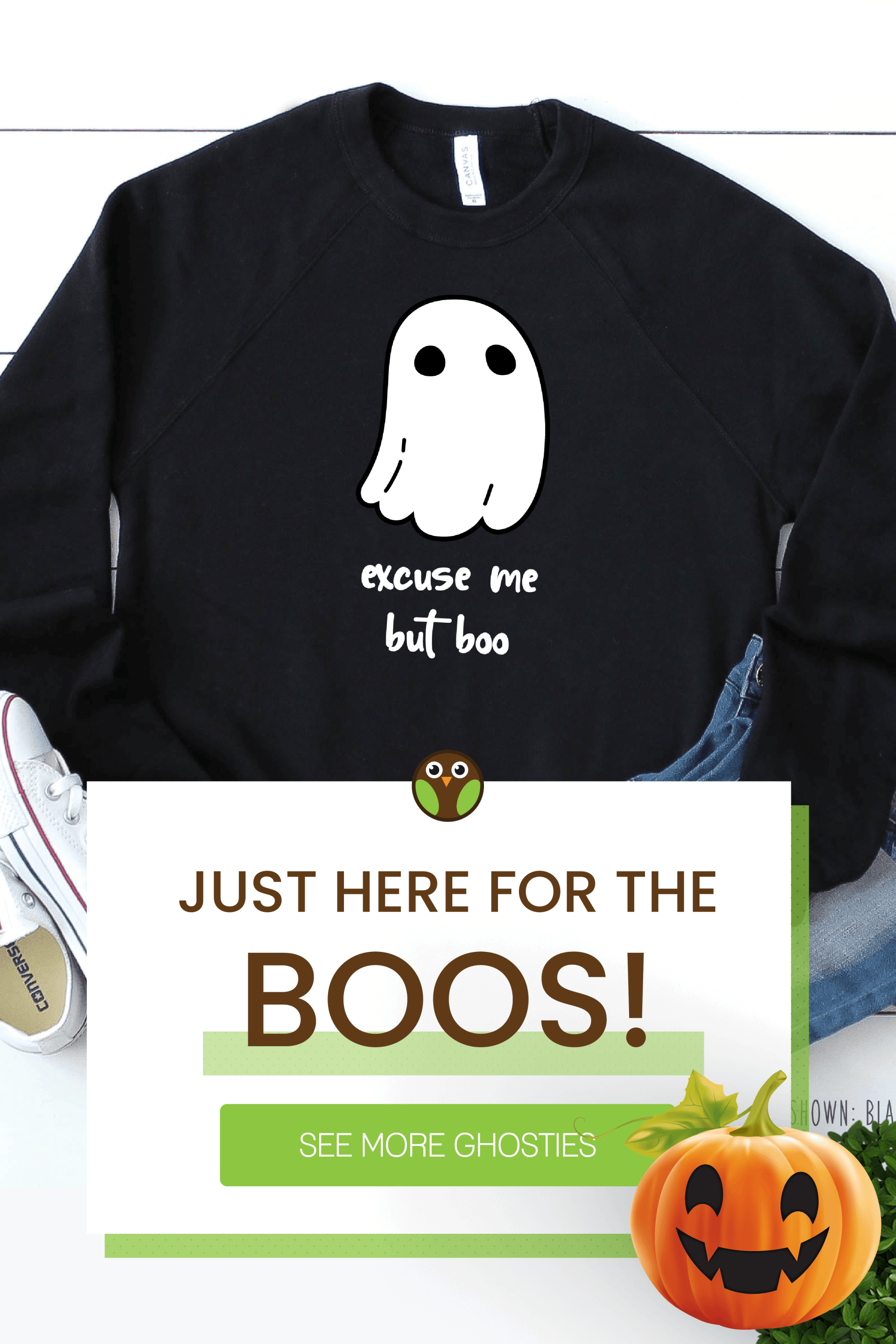Black sweatshirt with a white ghost and lettering saying, 