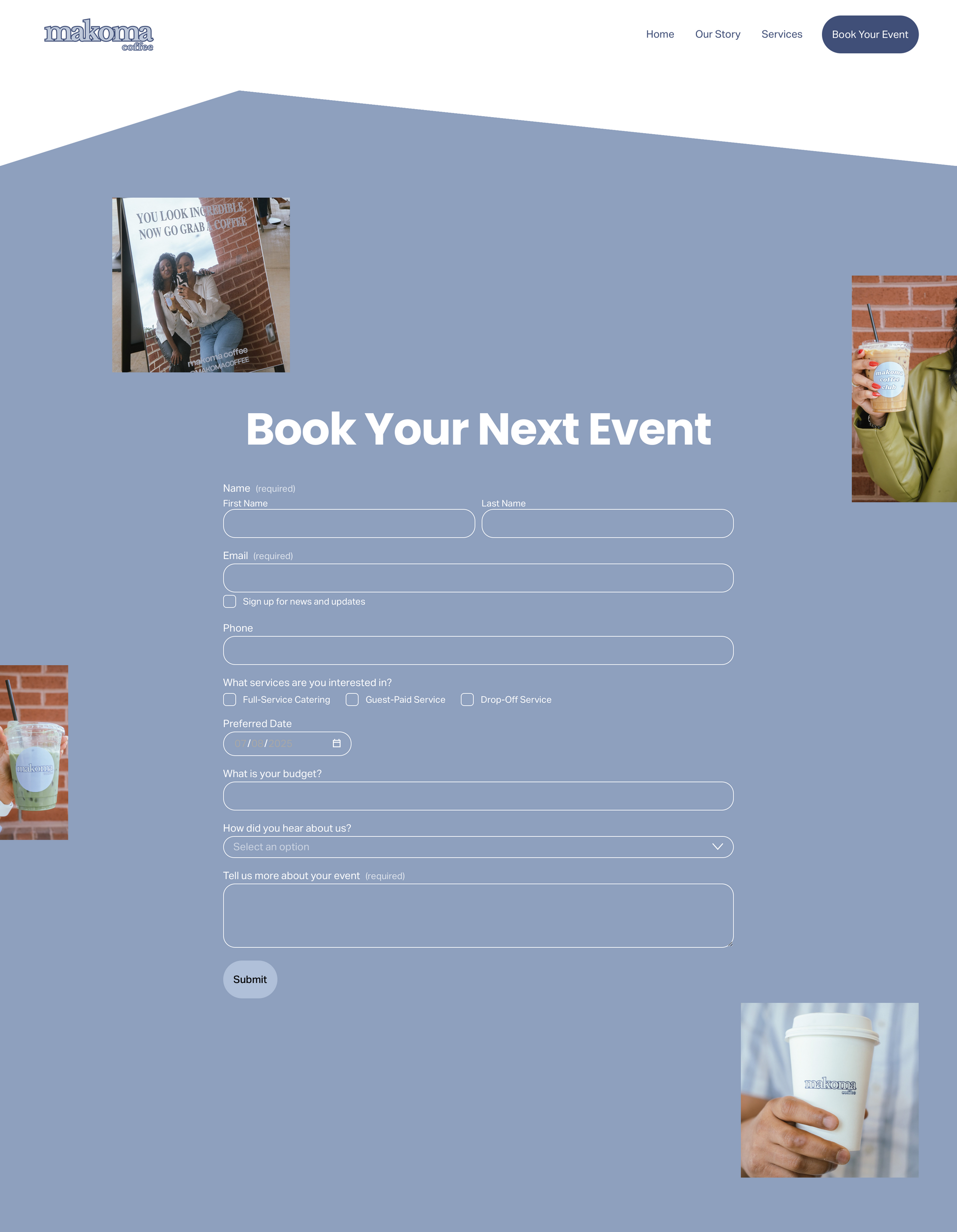 Book Your Next Event: woman, coffee cup, brick wall, blue background.