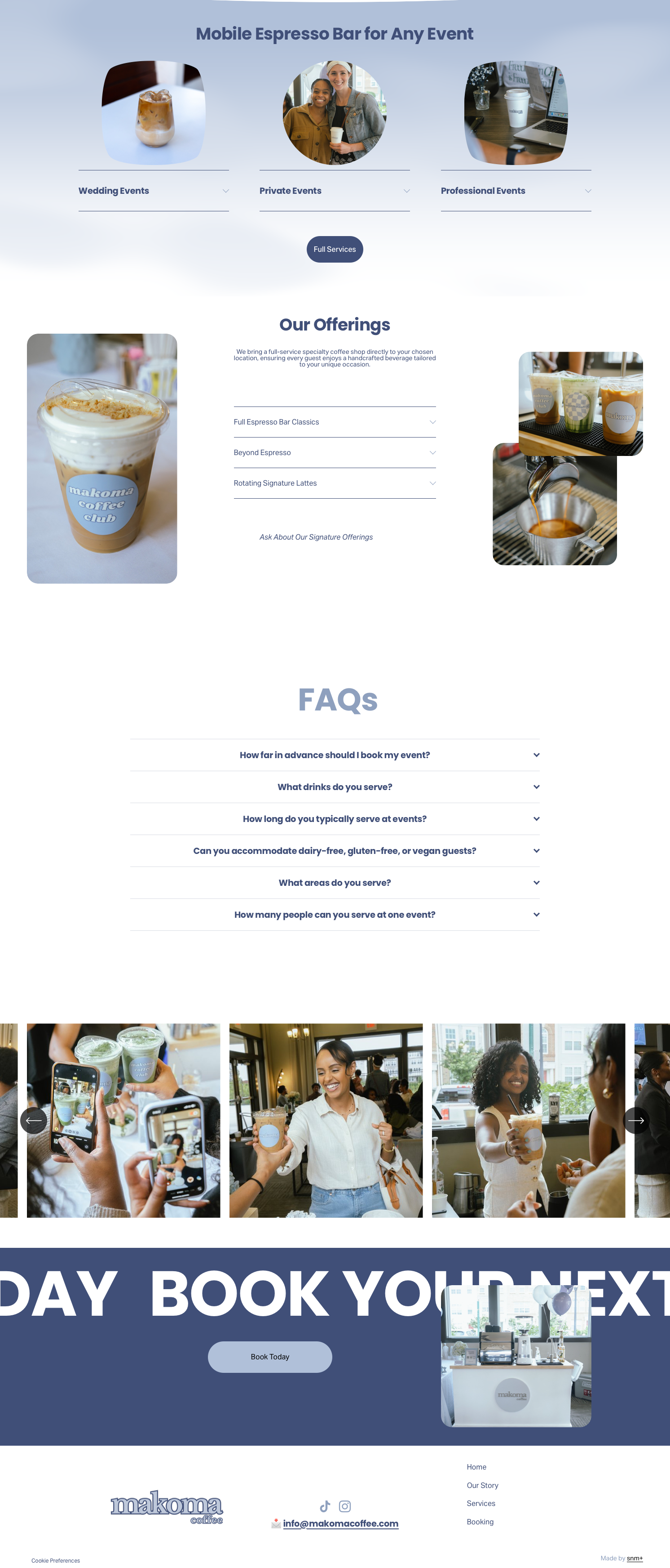 Coffee shop website displaying coffee, FAQs, and calls to action.