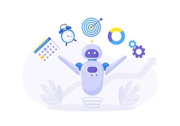 An illustration of a robot surrounded by various icons.
