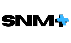The logo for snm+ is black and blue with a blue cross.
