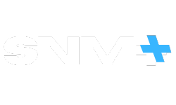 A white logo for snm+with a blue cross on it.