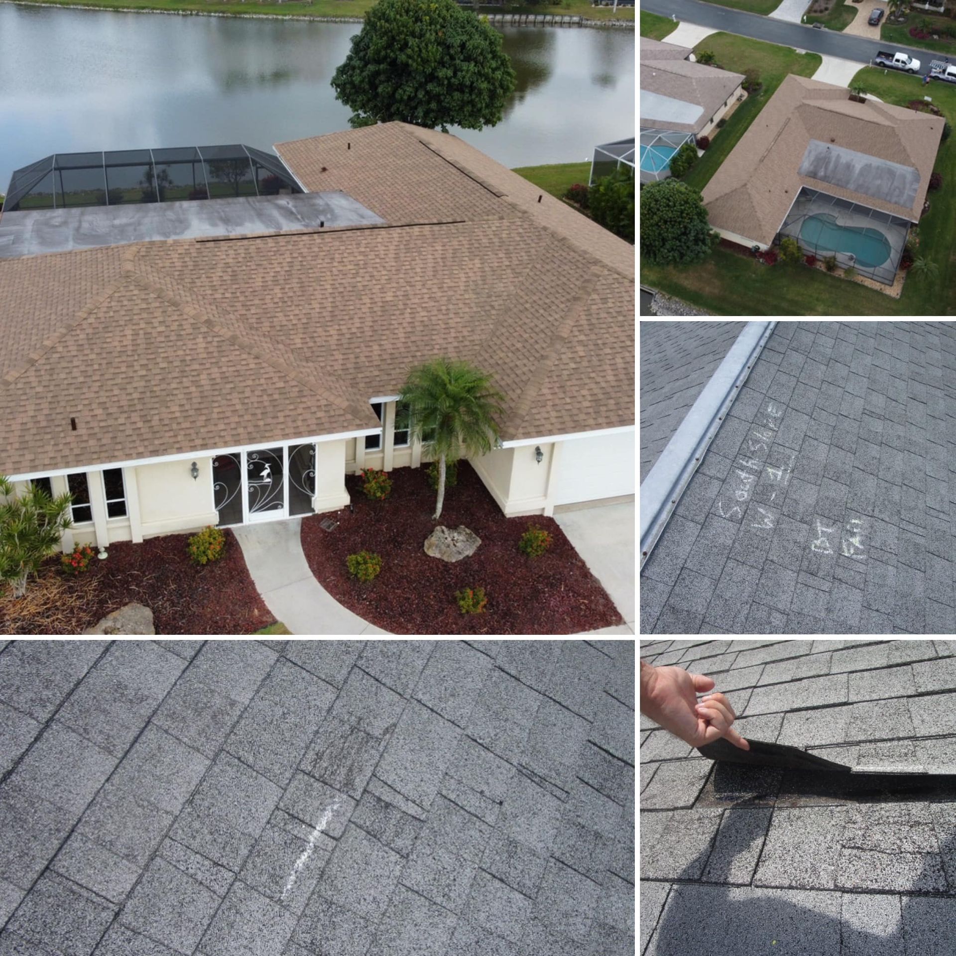 A collage of pictures of a house and a roof