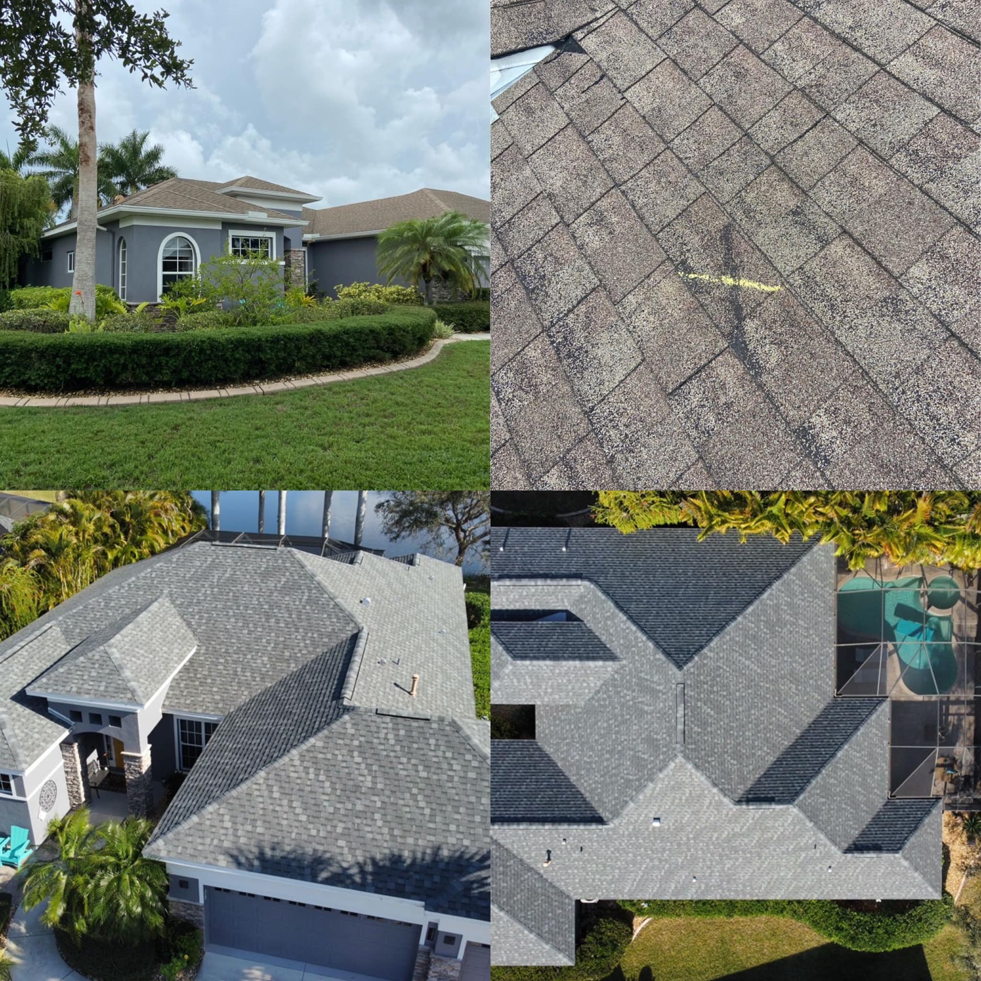 A collage of pictures of a house and its roof