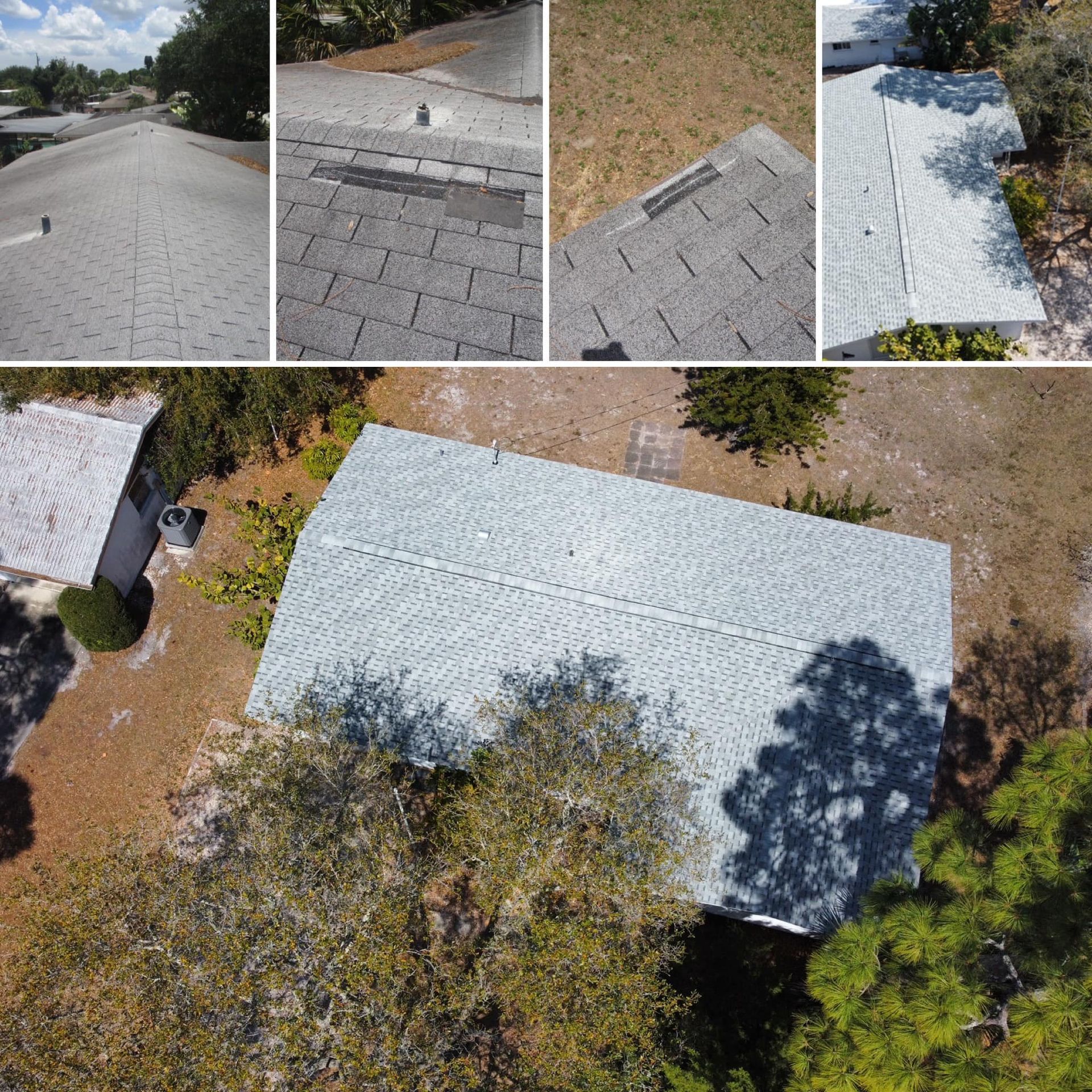 An aerial view of a house with a roof that has been repaired