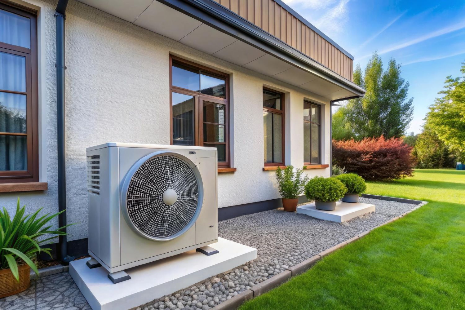 A large air conditioner is sitting on the side of a house.