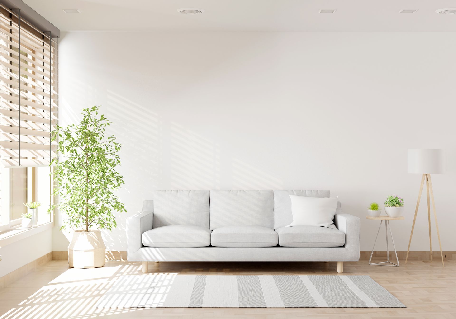 A modern, minimalist living room with a white sofa, a houseplant, a floor lamp, and a striped rug on a wooden floor.