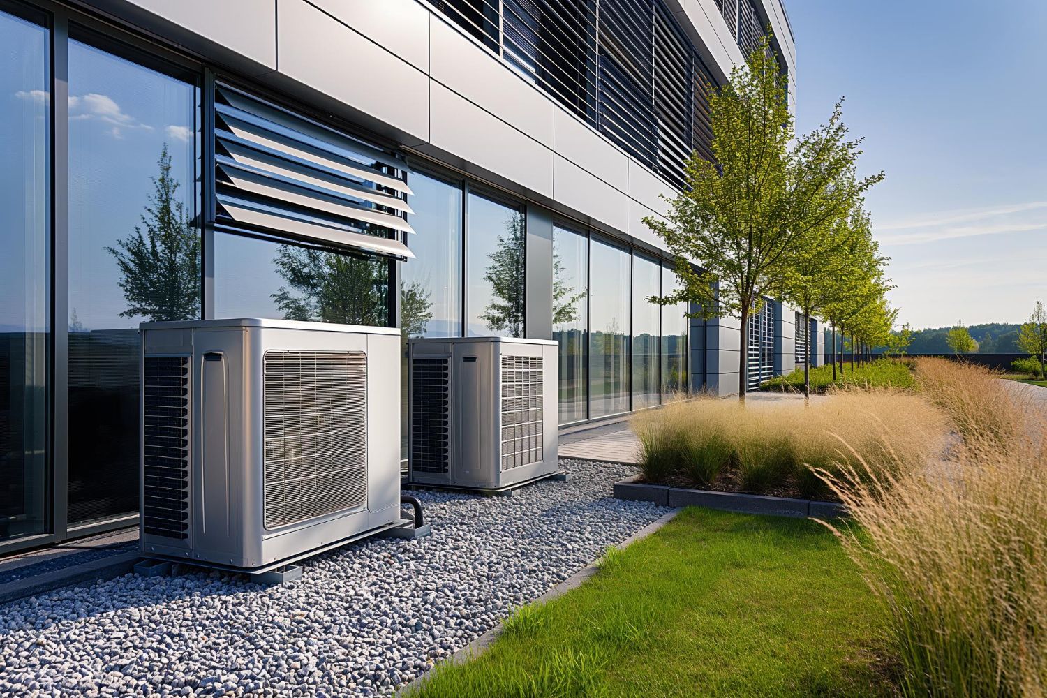Two air conditioners are sitting outside of a building.