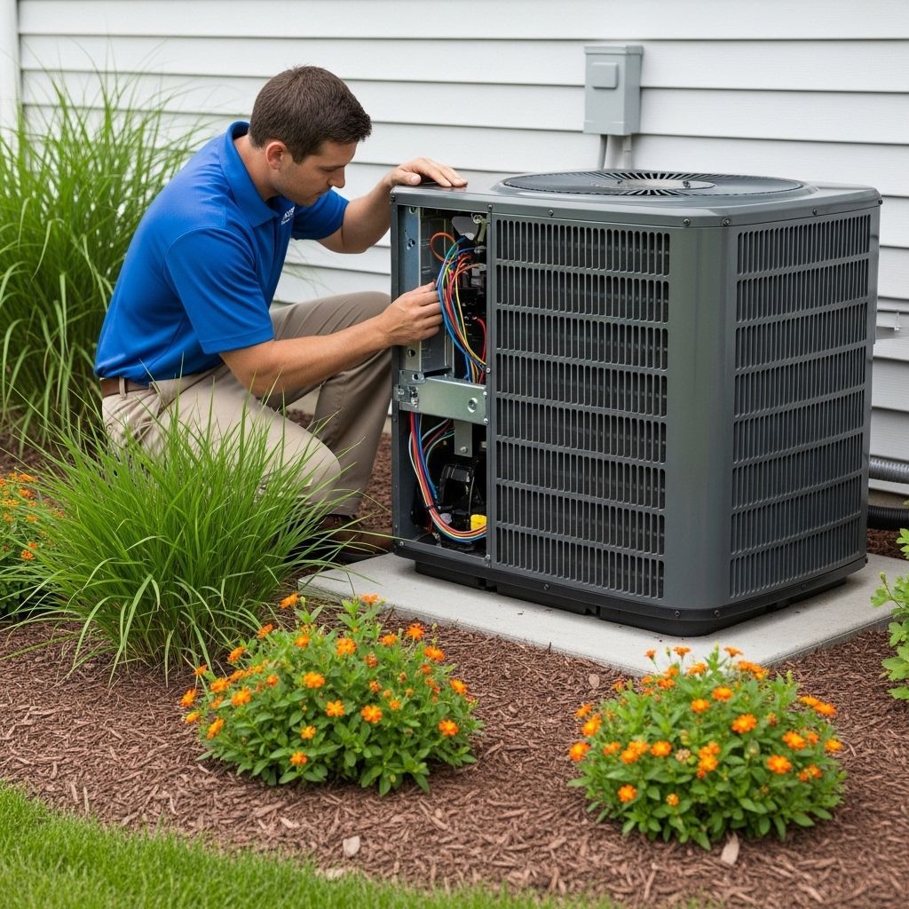 Technician repairing outdoor HVAC unit beside a house, with plants and mulch in the yard
