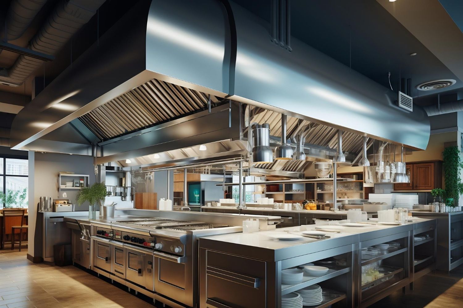 A large commercial kitchen with a lot of stainless steel appliances.