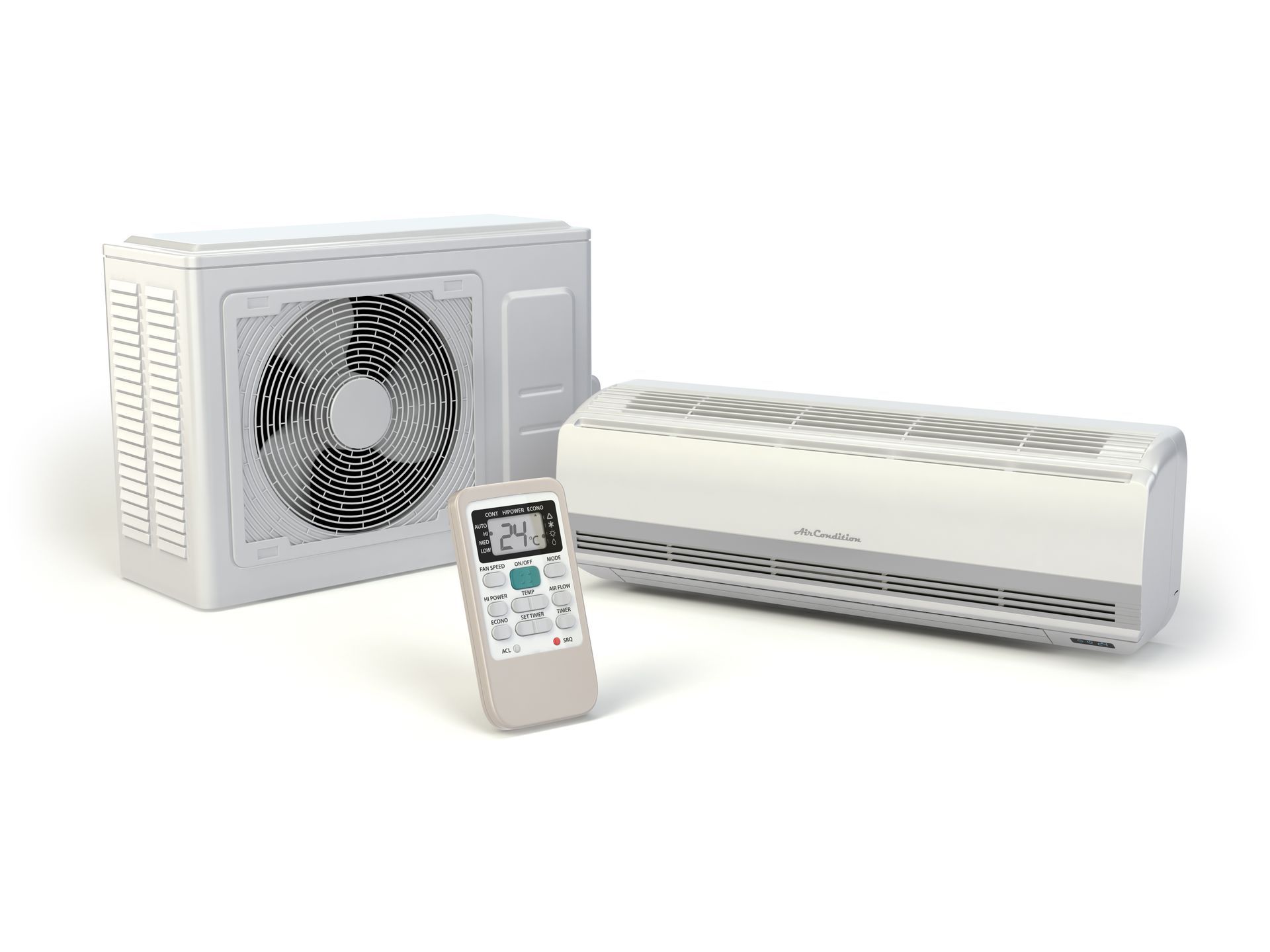 A 3d rendering of an air conditioner and remote control on a white background.