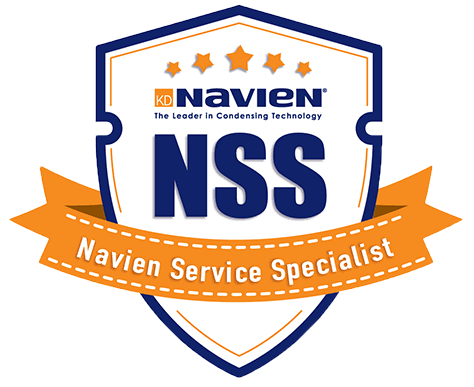 Navien NSS shield logo with orange ribbon reading “Navien Service Specialist”