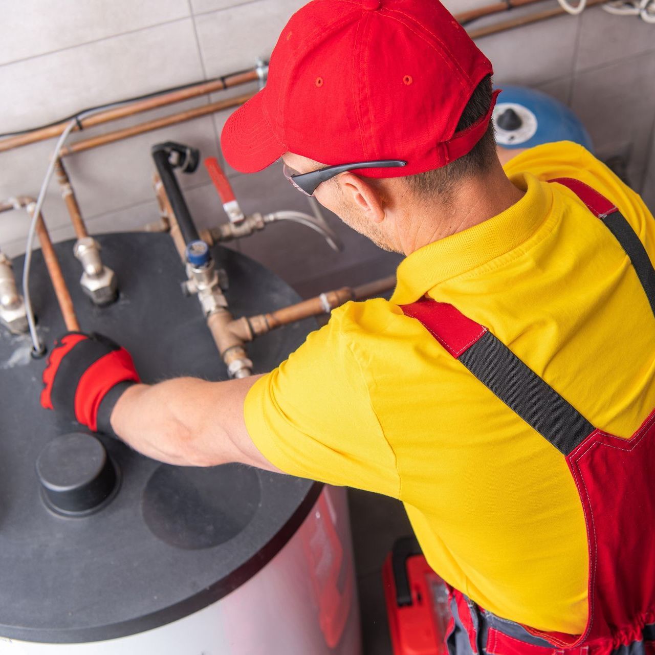 A man in a yellow shirt and red hat is working on a water heater