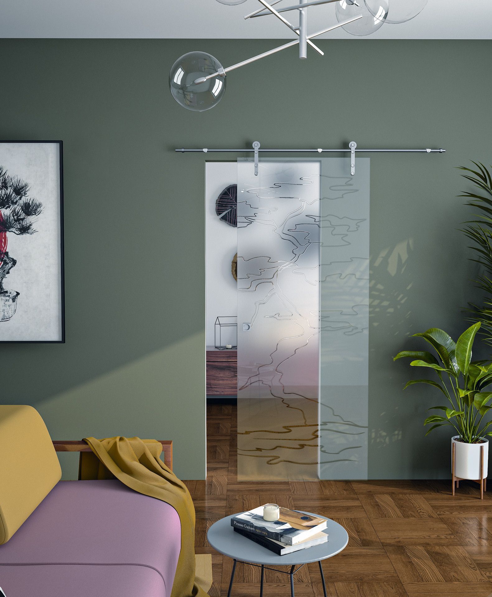 Un soggiorno con un divano rosa e una porta scorrevole in vetro