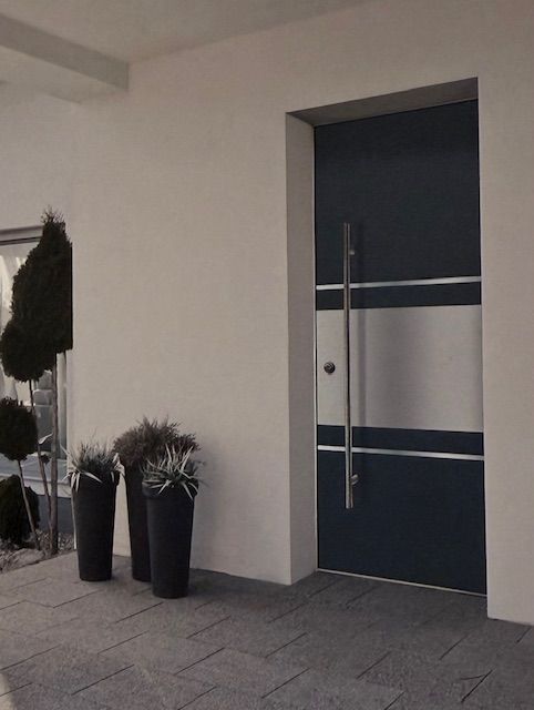 Una porta con maniglia in acciaio inox è circondata da piante in vaso