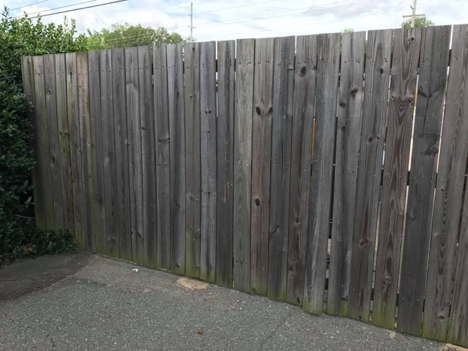 A weathered wooden fence with vertical planks stands next to asphalt and a green hedge.