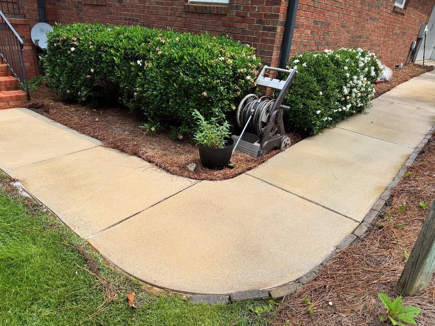 Concrete walkway curves around a flower bed with green bushes and a brick building. A hose reel stands nearby.