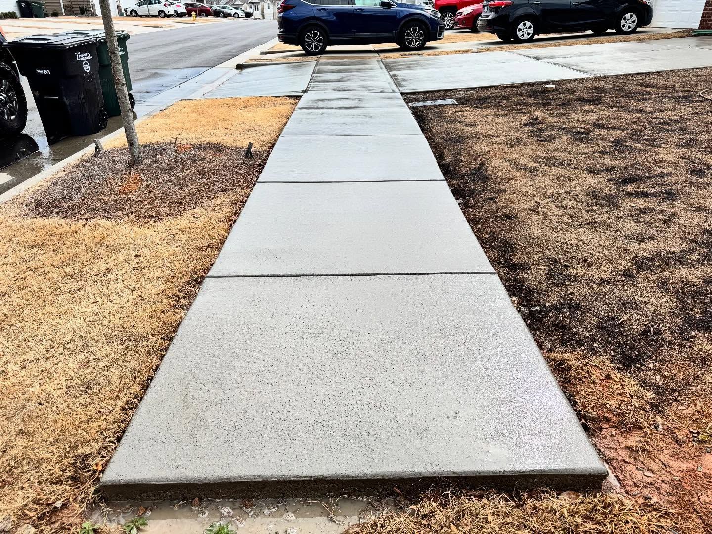 A wet concrete sidewalk stretches towards the viewer, flanked by dry grass and a residential street.