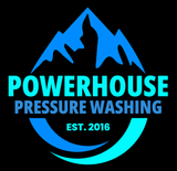 Logo for Powerhouse Pressure Washing, featuring blue mountain peak over text 