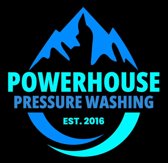 Logo for Powerhouse Pressure Washing, featuring blue mountain peak over text 