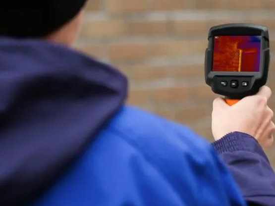 A plumber is holding a thermal leak detector and directing it towards a brick wall.