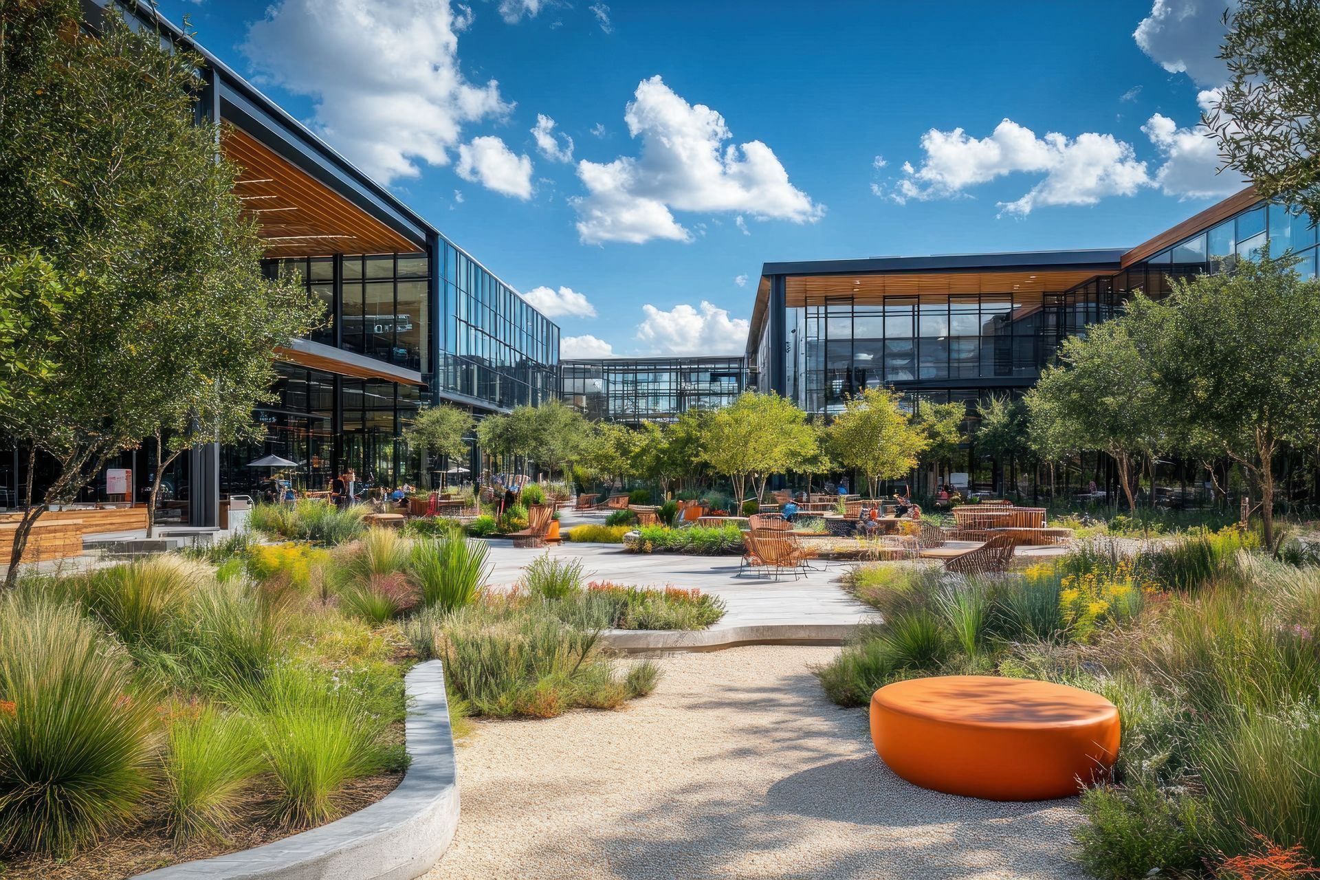 A fire pit with chairs around it and a lake in the background