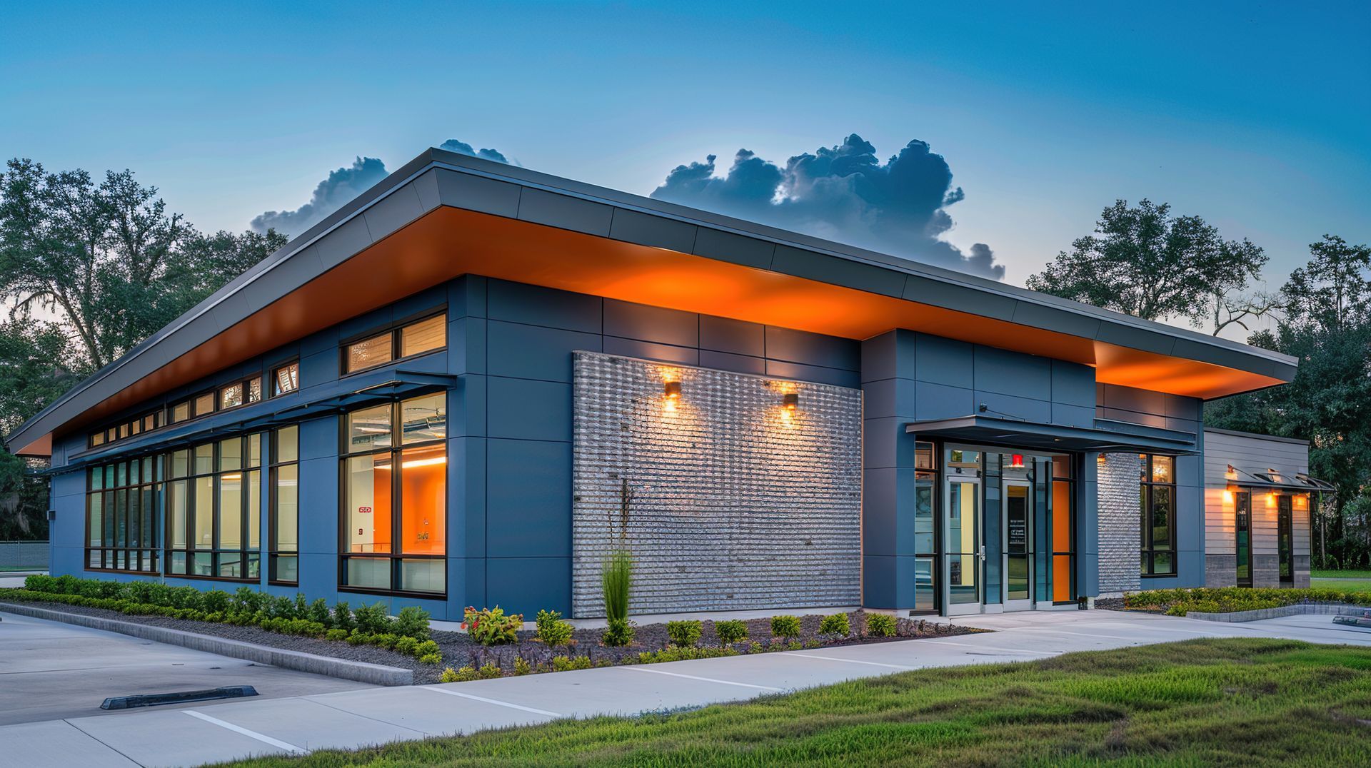 A large house with a swimming pool and a fire pit in front of it