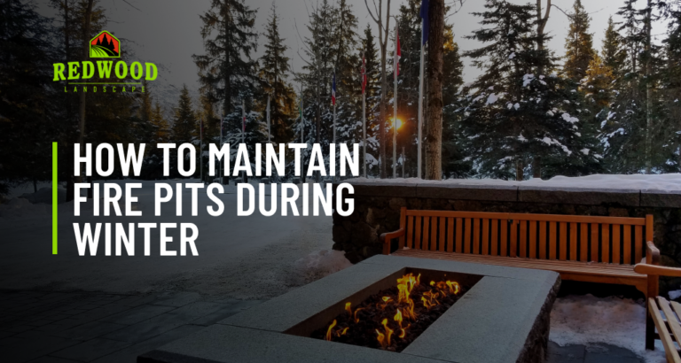 A fire pit is sitting on a patio next to a bench.