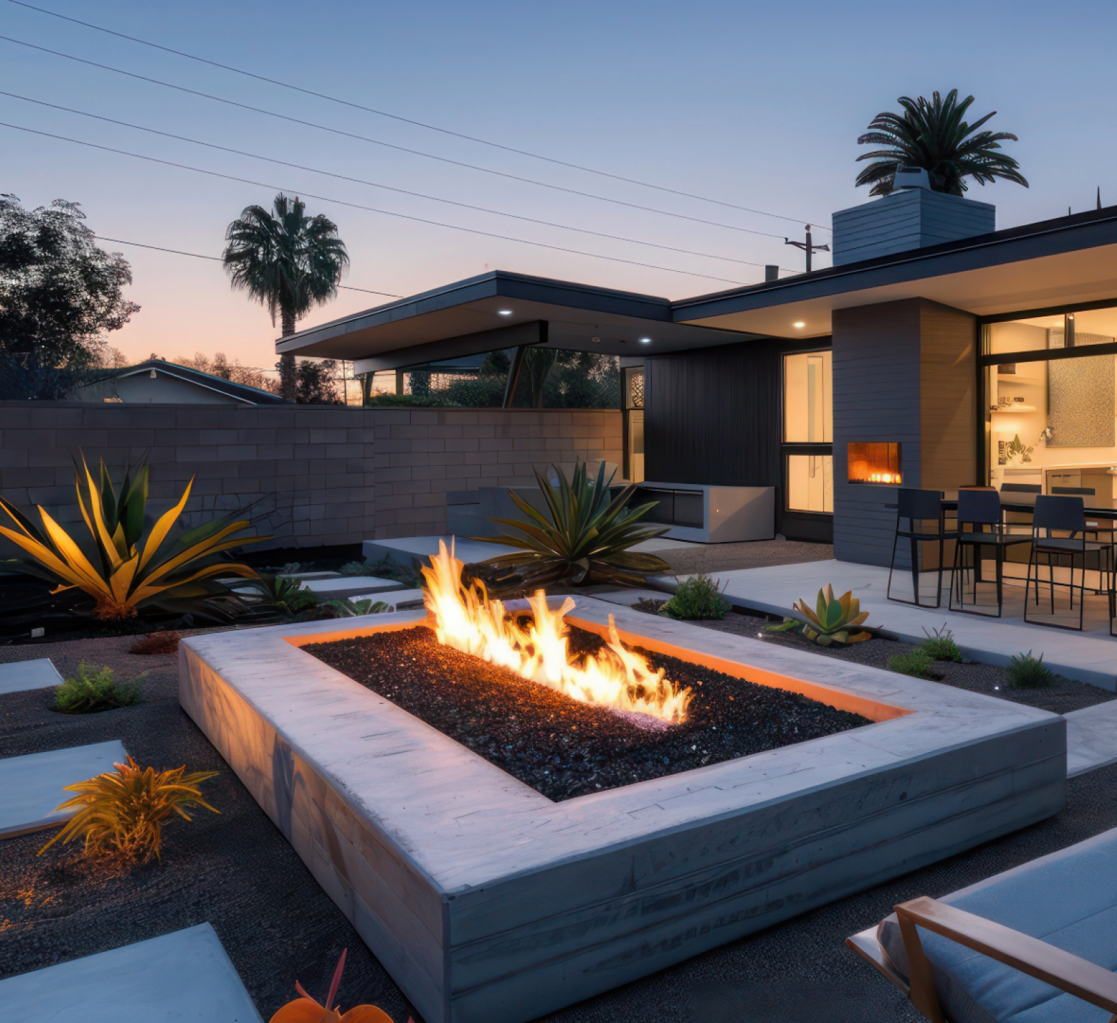 A fire pit in the backyard of a house