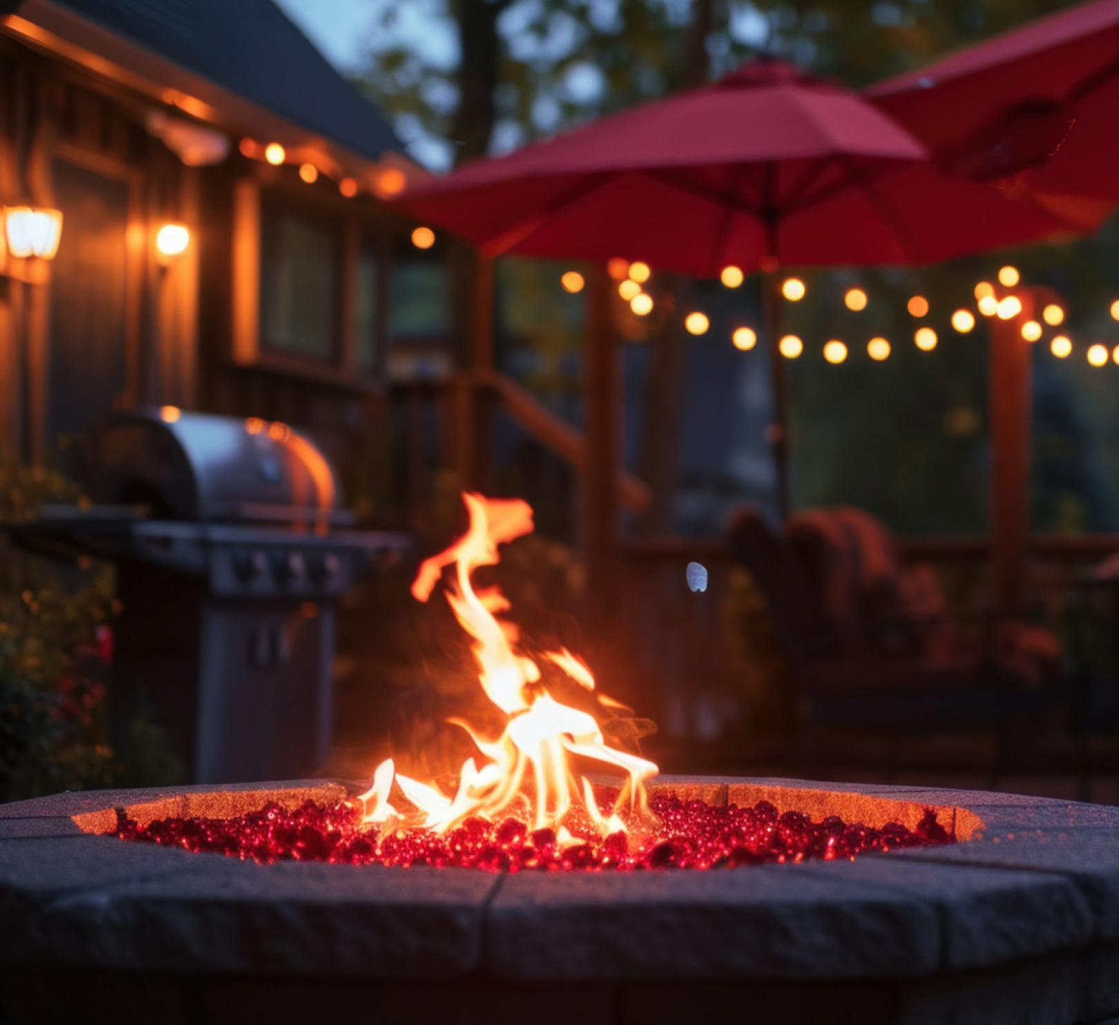A fire pit with a red umbrella in the background