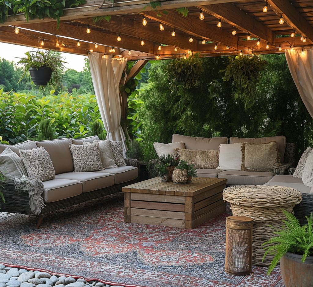 A patio with a couch , coffee table , and rug under a pergola.