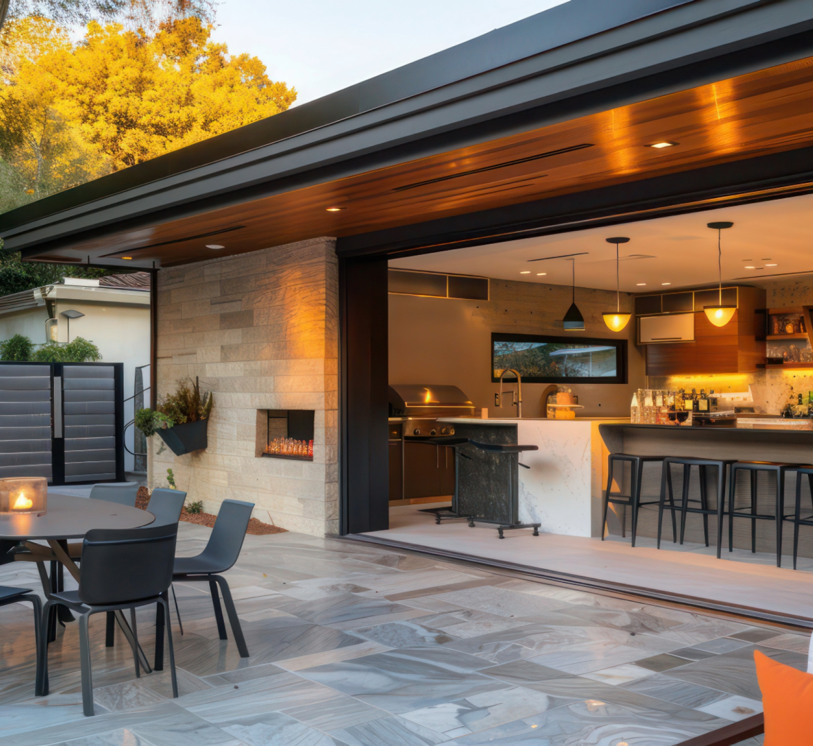 A patio with tables and chairs and a kitchen in the background