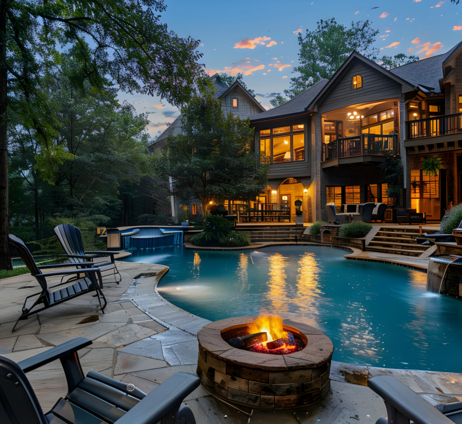 A large house with a swimming pool and a fire pit in front of it
